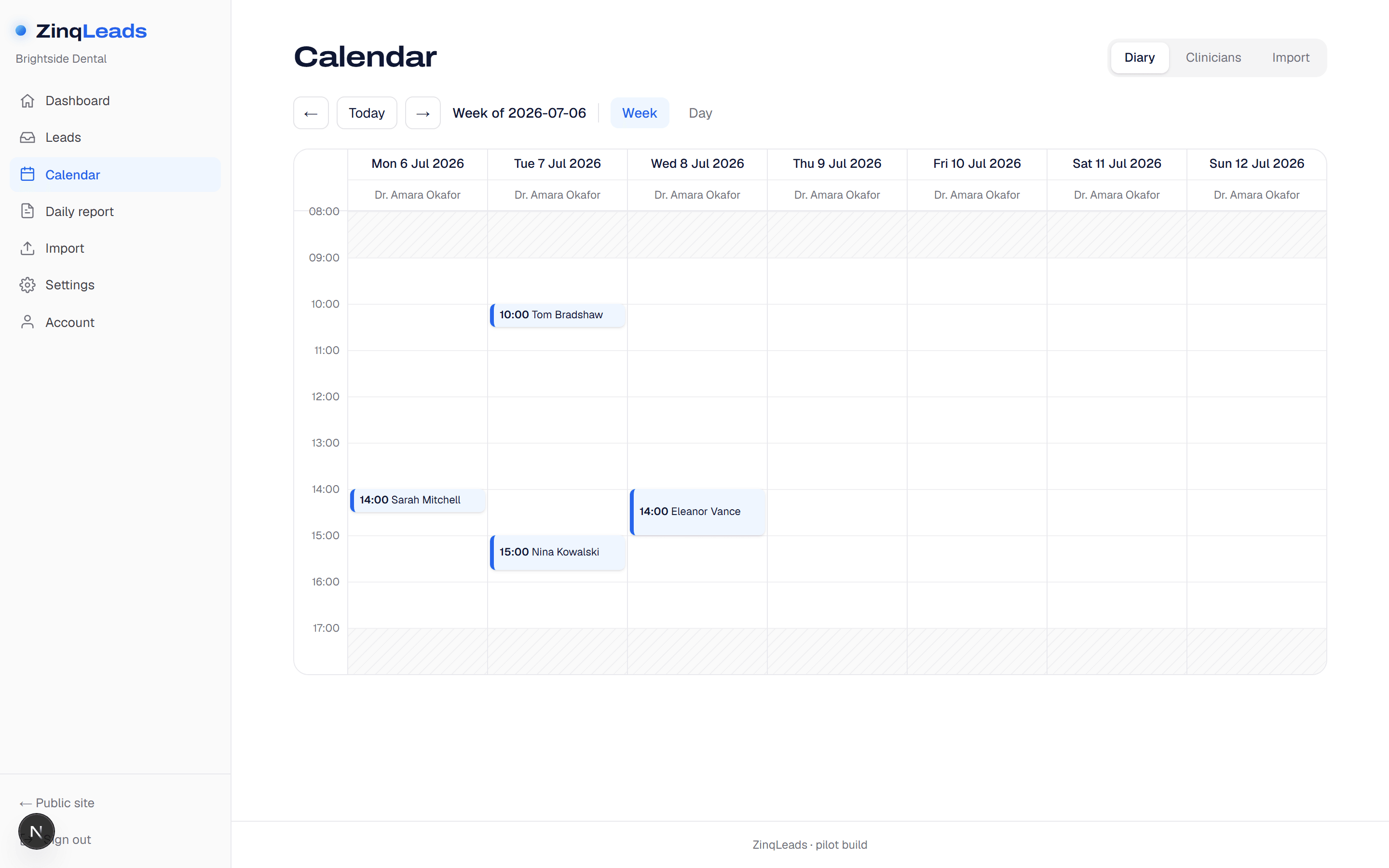 Weekly appointment calendar for the dental practice