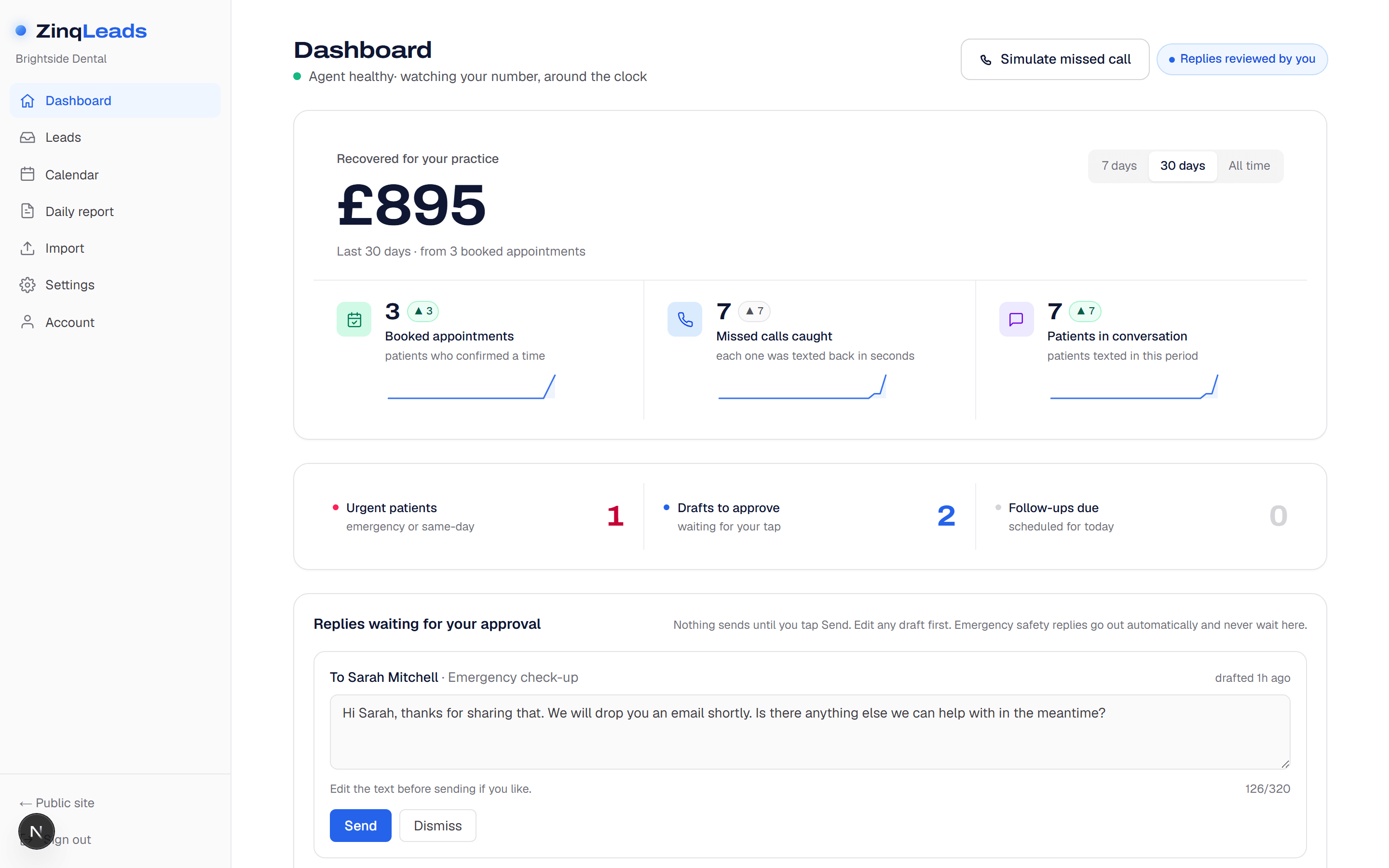 ZinqLeads dashboard showing £895 recovered from three booked appointments