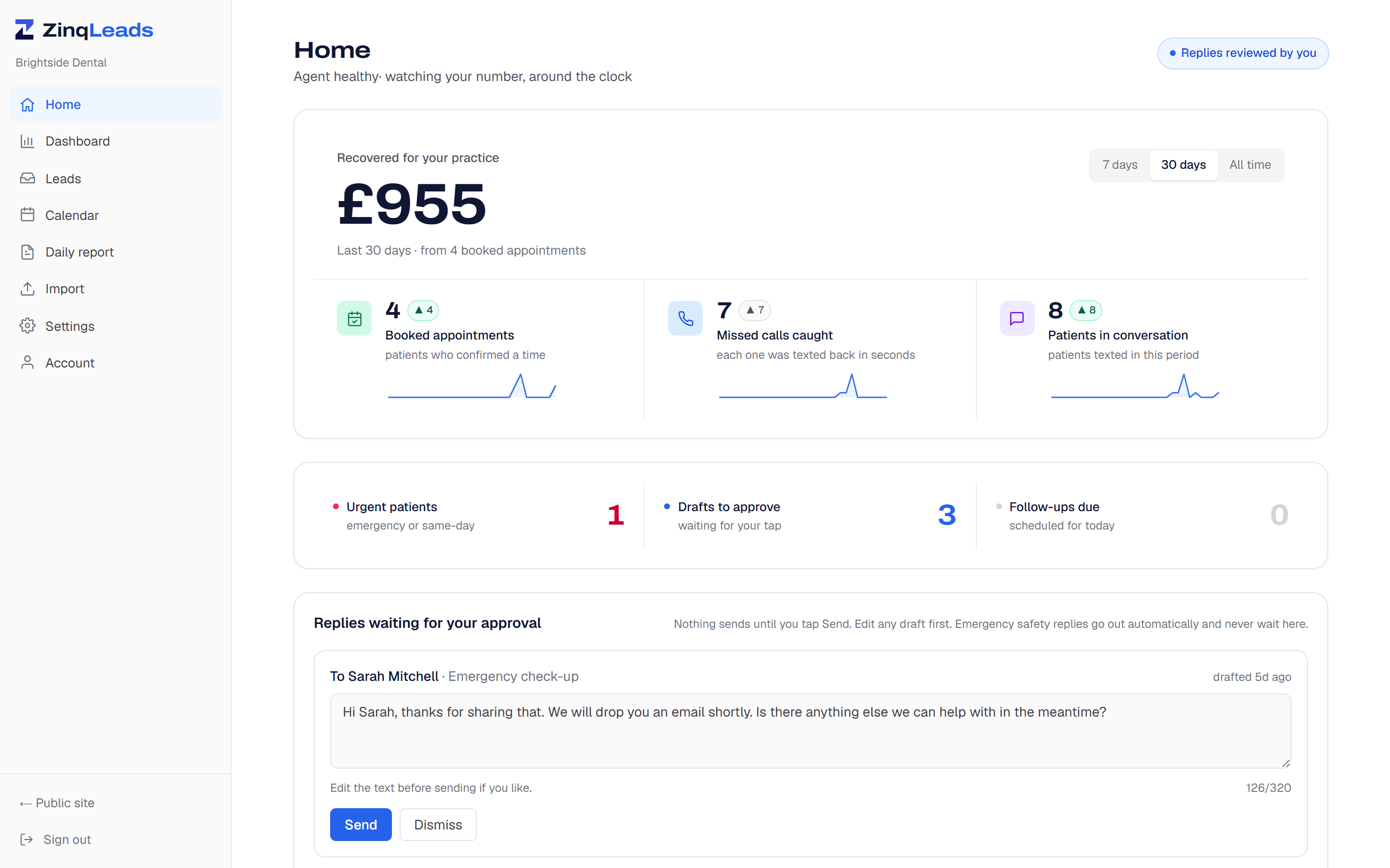 The ZinqLeads owner dashboard showing approvals, bookings and recovered revenue