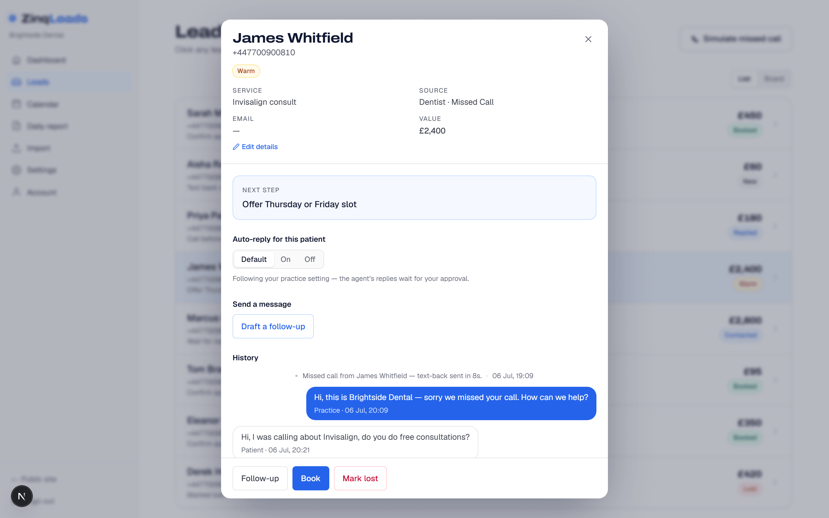 Recovered Invisalign patient record with conversation and booking controls