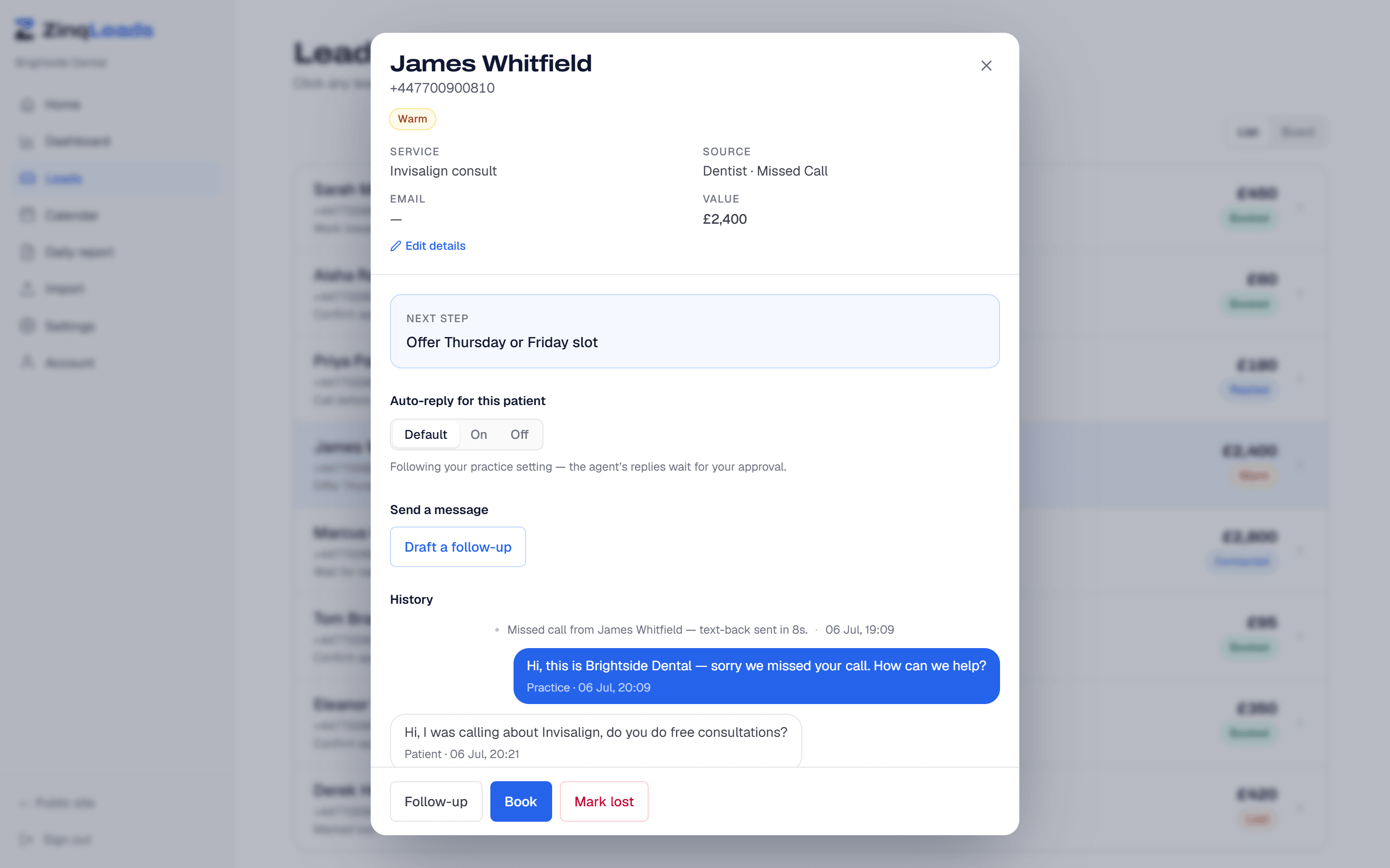 A recovered lead in detail with the conversation and booking value
