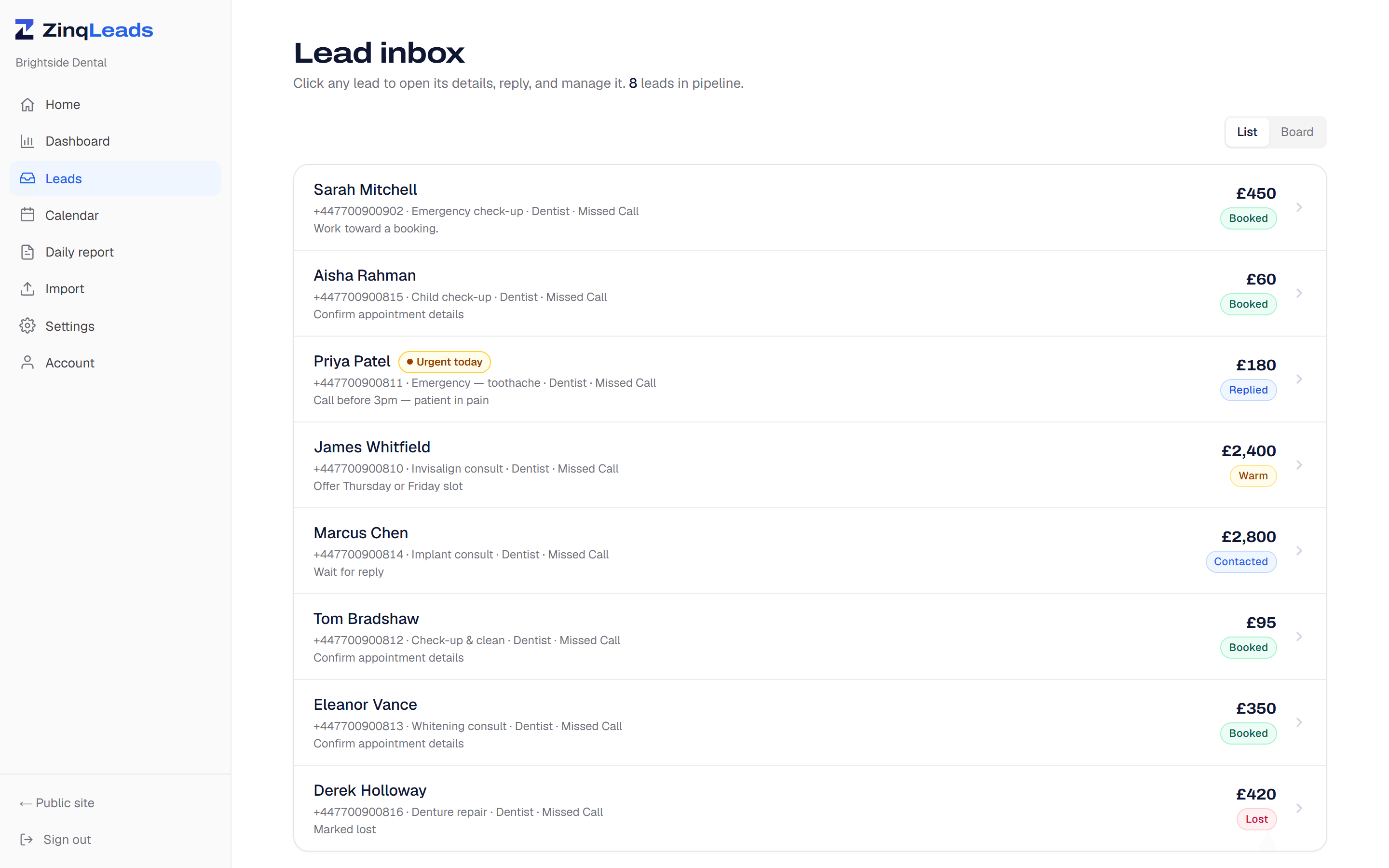 The lead inbox showing recovered patient conversations